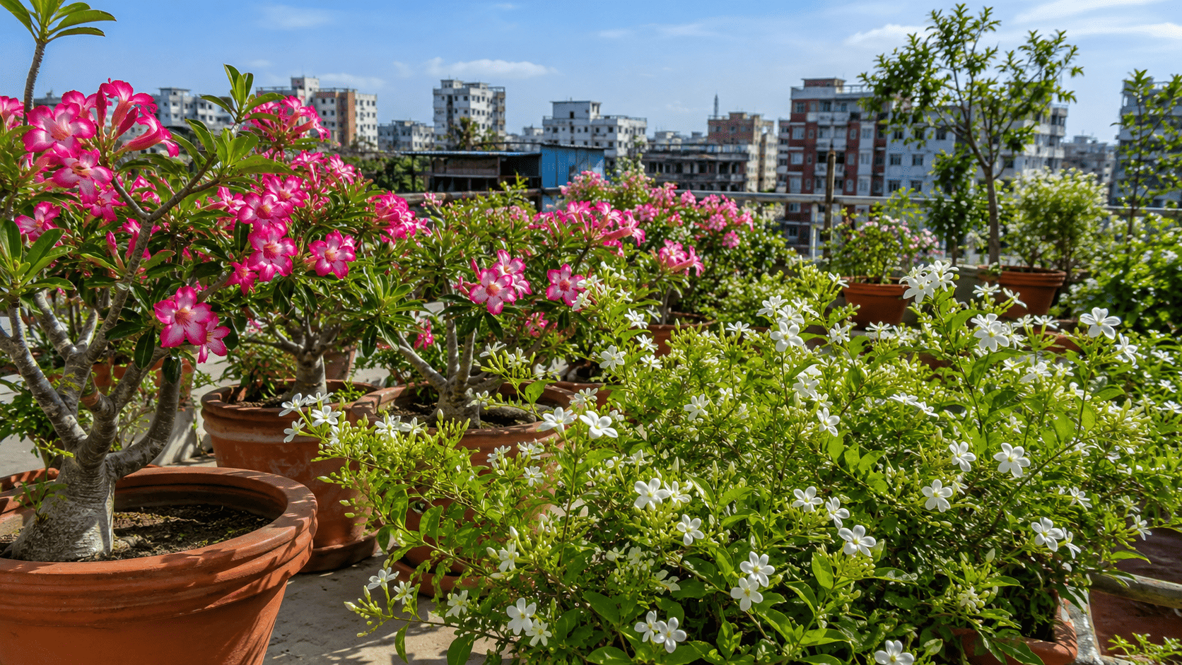 ছাদ বাগানে বেলি ও এডেনিয়াম